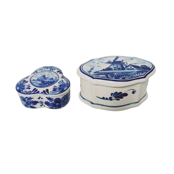 2 Delft Blue Hand Painted Trinket Boxes Floral Dutch Windmill Mini Ring Dish VTG - Picture 1 of 11